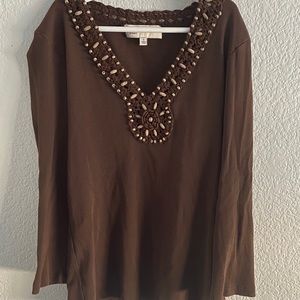 Cute brown beaded top long sleeve ribbed